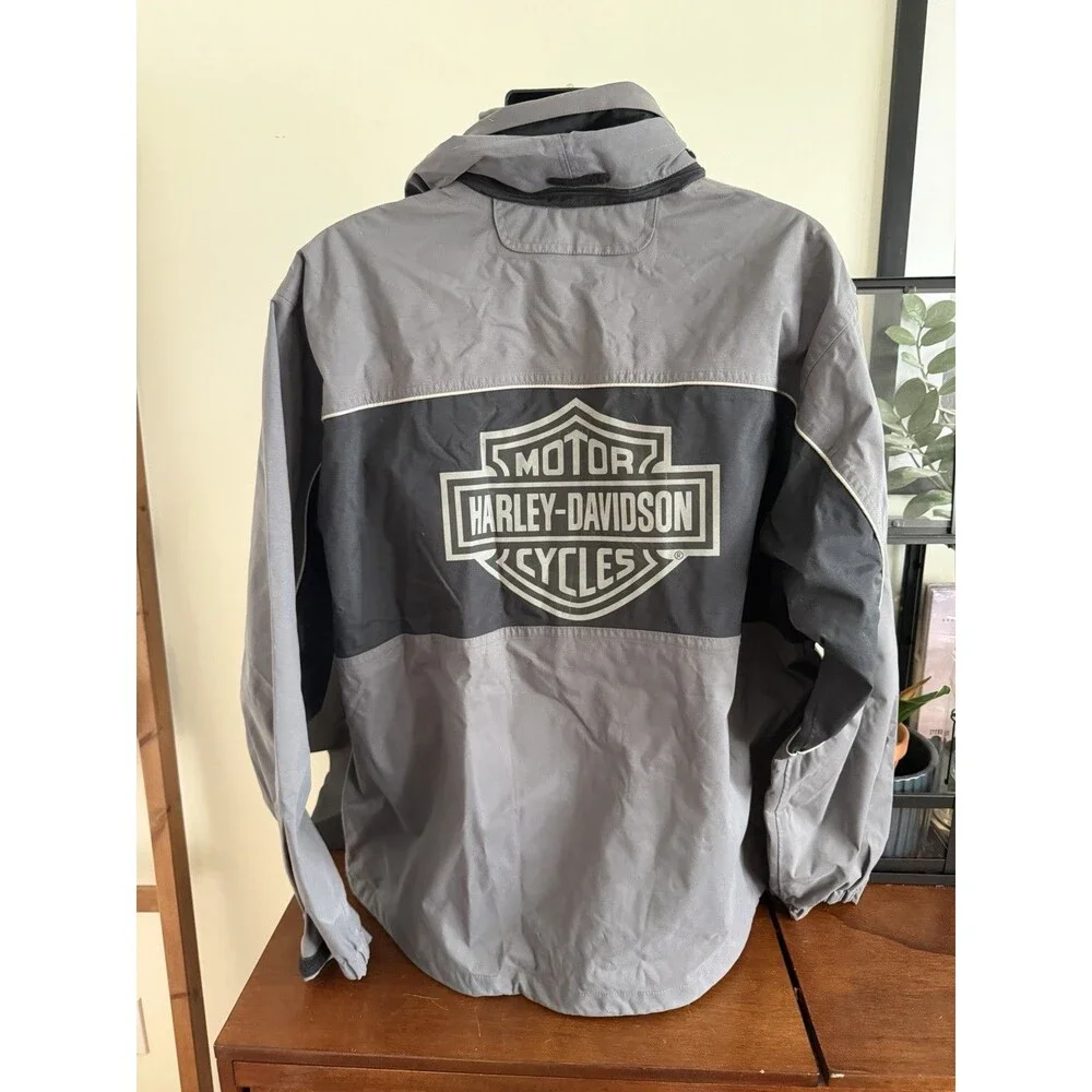 Harley Davidson Y2K Mens L Riding Jacket Gray Hooded Bar Shield 97059-07VX